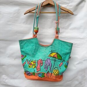 SilkyHuss Teal and Coral Beach-Print Tote